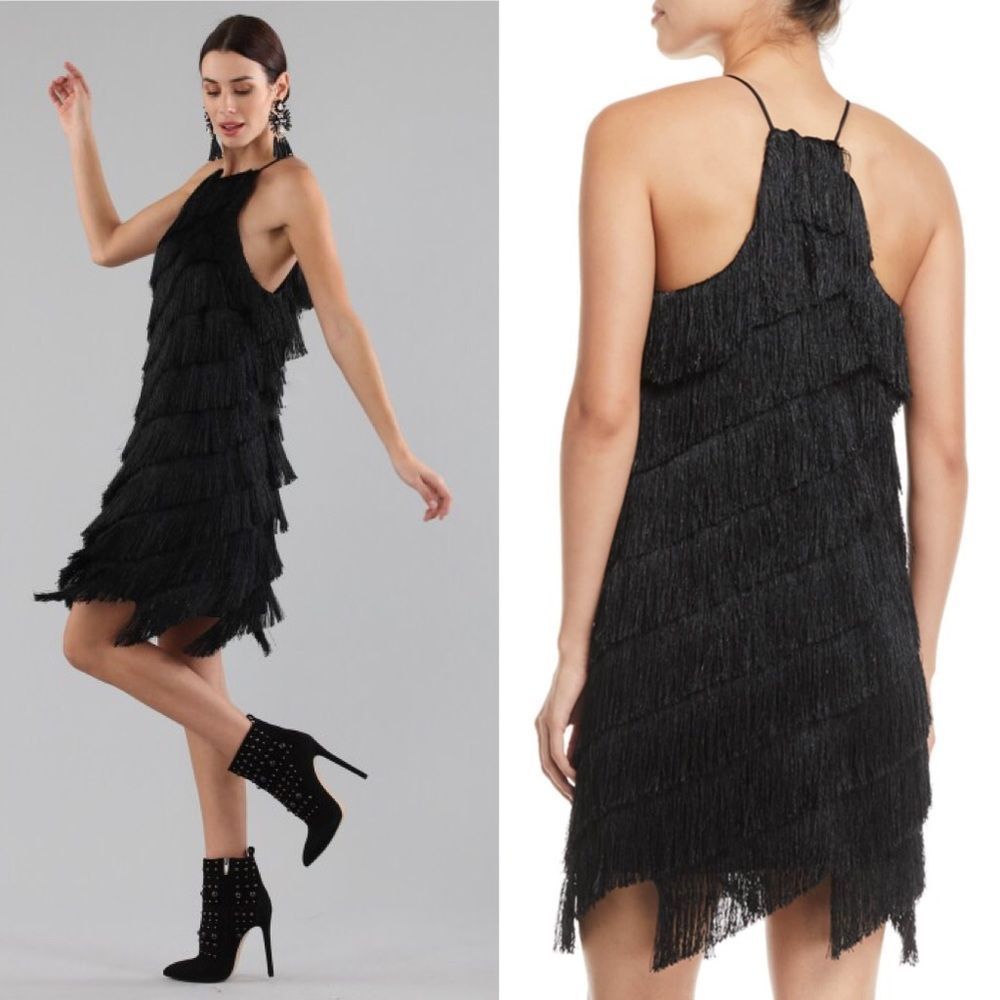 HALSTON Sleeveless High-Neck Fringe Slip Cocktail